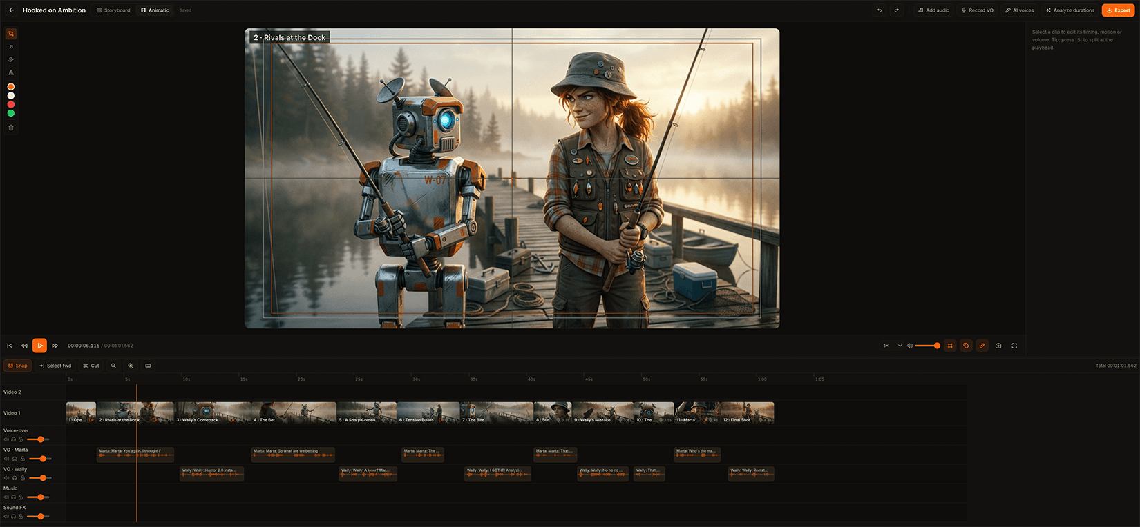 The Animboards animatic editor, showing the preview and a multitrack timeline with video and audio tracks