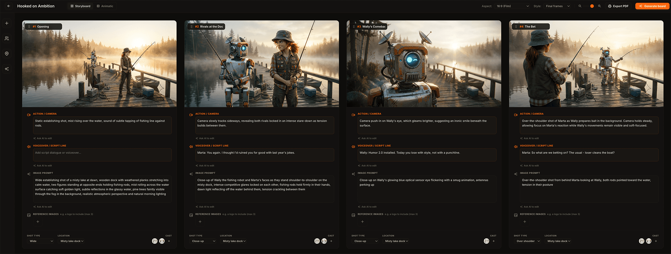 The Animboards storyboard editor, showing a grid of generated scene frames with shot types and dialogue