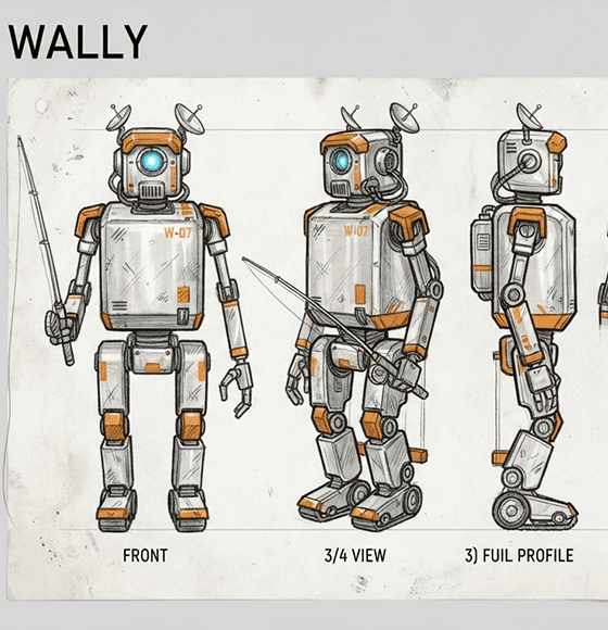 Character sheet for Wally, the fishing robot, used as a locked visual reference